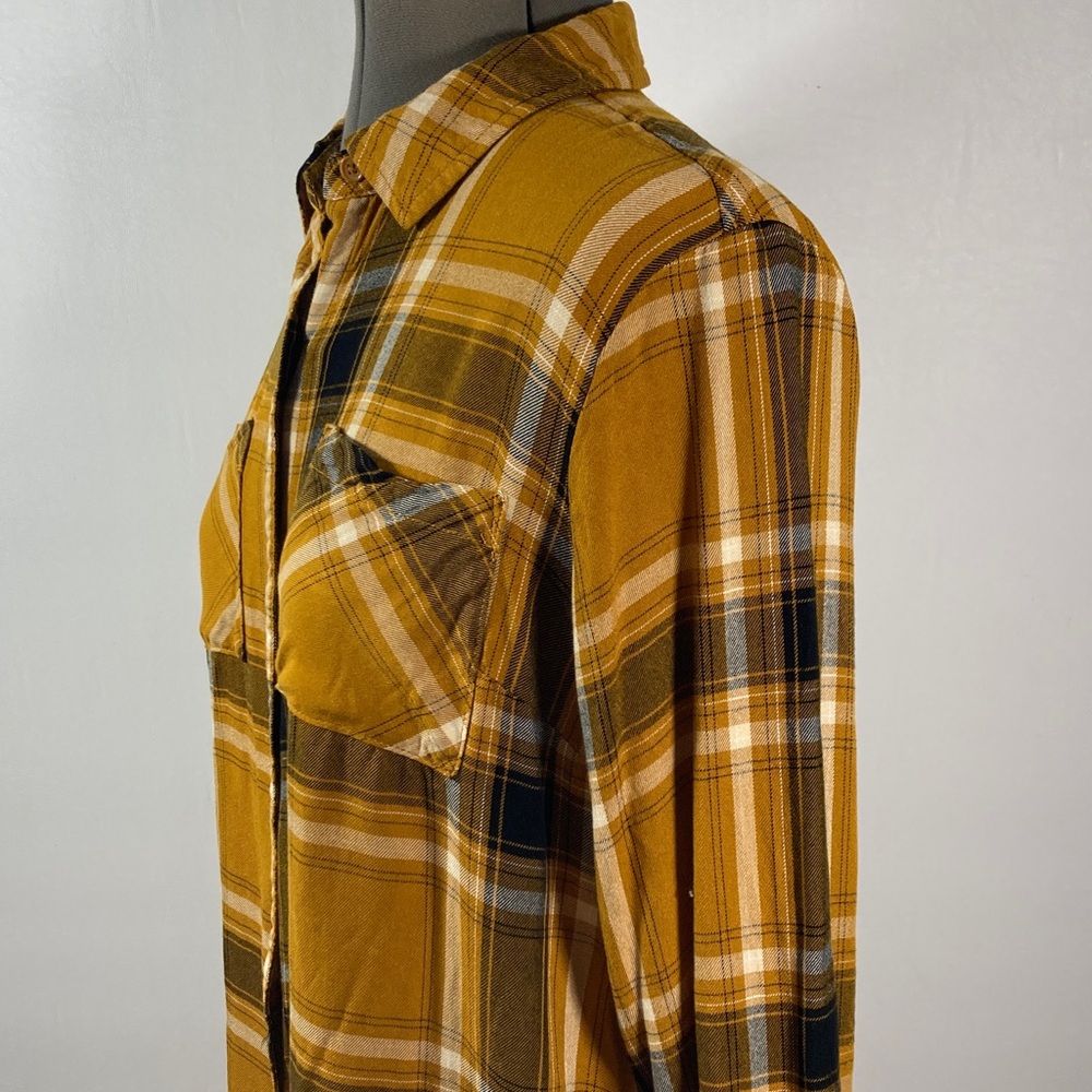 Plaid Shirt/Top Women Size M Mustard & Black Button Up Collar Pockets Soft Comfy - Picture 5 of 9